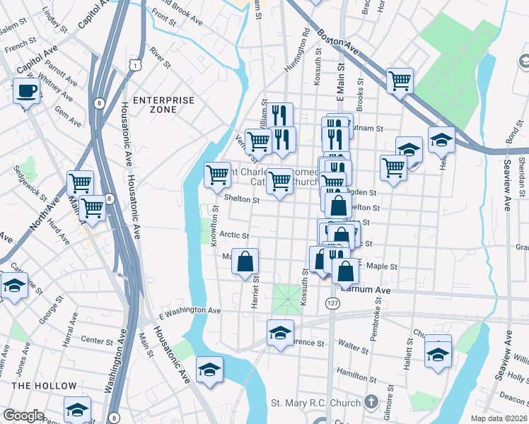 map of restaurants, bars, coffee shops, grocery stores, and more near 6 William Place in Bridgeport