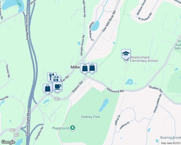map of restaurants, bars, coffee shops, grocery stores, and more near 84 Millwood Road in Millwood