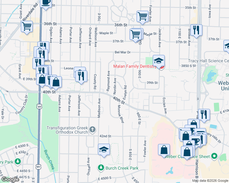 map of restaurants, bars, coffee shops, grocery stores, and more near 3971 Oakridge Circle in South Ogden
