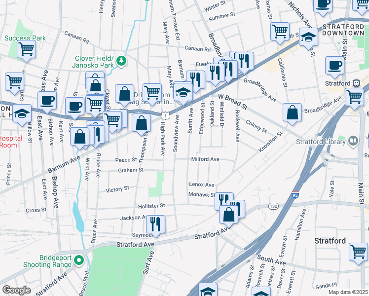 map of restaurants, bars, coffee shops, grocery stores, and more near 240 Burritt Avenue in Stratford
