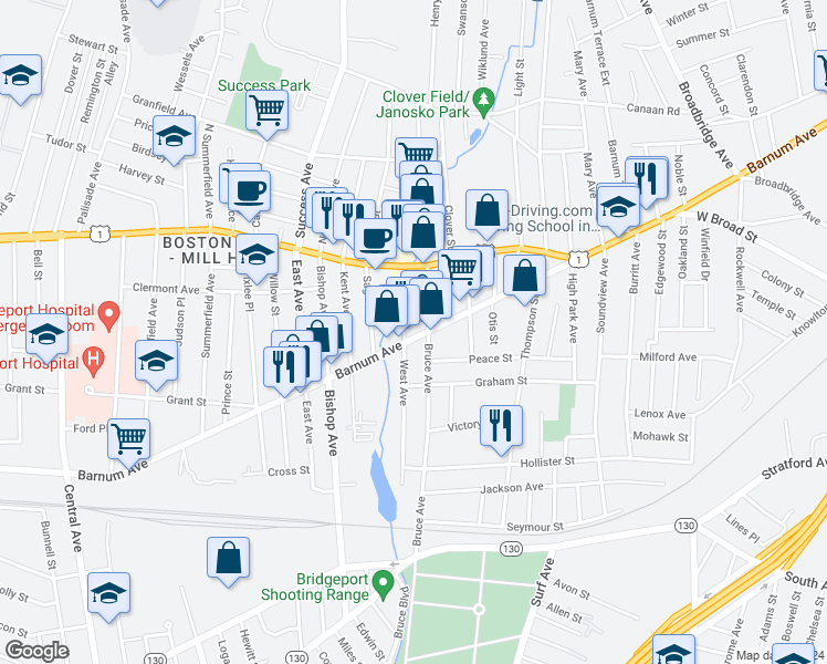 map of restaurants, bars, coffee shops, grocery stores, and more near 421 Bruce Avenue in Stratford