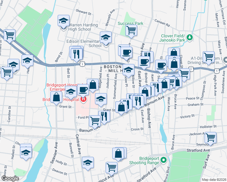 map of restaurants, bars, coffee shops, grocery stores, and more near 94 Judson Place in Bridgeport