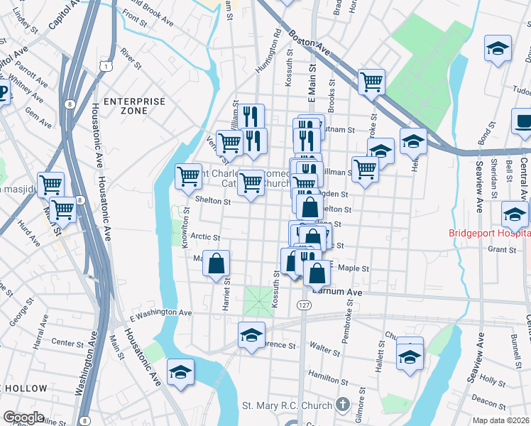 map of restaurants, bars, coffee shops, grocery stores, and more near 189 Park Street in Bridgeport