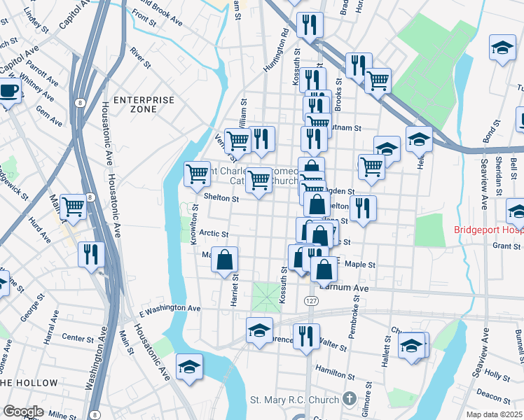 map of restaurants, bars, coffee shops, grocery stores, and more near 189 Park Street in Bridgeport