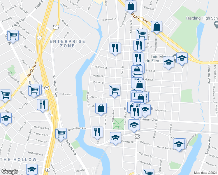 map of restaurants, bars, coffee shops, grocery stores, and more near 6 William Place in Bridgeport