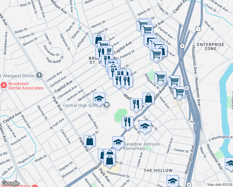 map of restaurants, bars, coffee shops, grocery stores, and more near 63 Morgan Avenue in Bridgeport