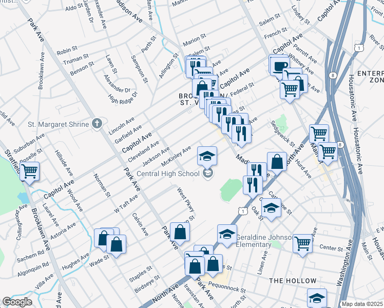 map of restaurants, bars, coffee shops, grocery stores, and more near 944-946 Lincoln Boulevard in Bridgeport