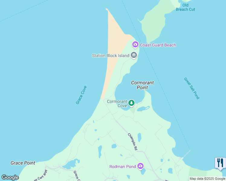 map of restaurants, bars, coffee shops, grocery stores, and more near 1152 Champlin Road in New Shoreham