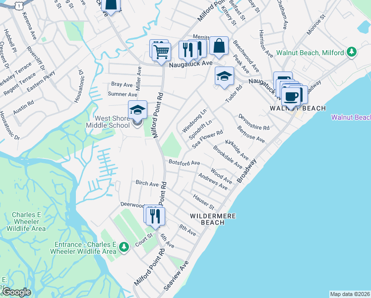 map of restaurants, bars, coffee shops, grocery stores, and more near 177 Sea Flower Road in Milford