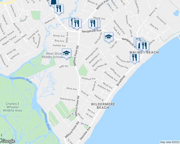 map of restaurants, bars, coffee shops, grocery stores, and more near 177 Sea Flower Road in Milford