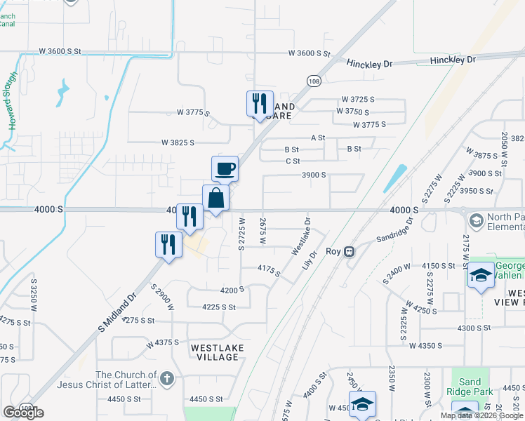 map of restaurants, bars, coffee shops, grocery stores, and more near 2674 West 4000 South in Roy