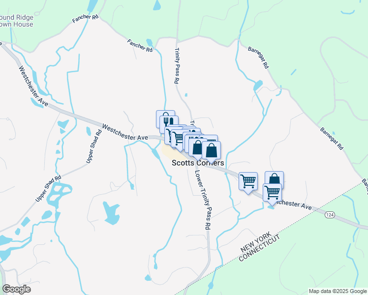map of restaurants, bars, coffee shops, grocery stores, and more near 73 Westchester Avenue in Pound Ridge