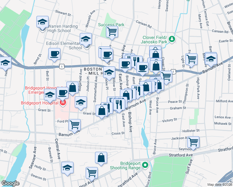 map of restaurants, bars, coffee shops, grocery stores, and more near 259 Willow Street in Bridgeport