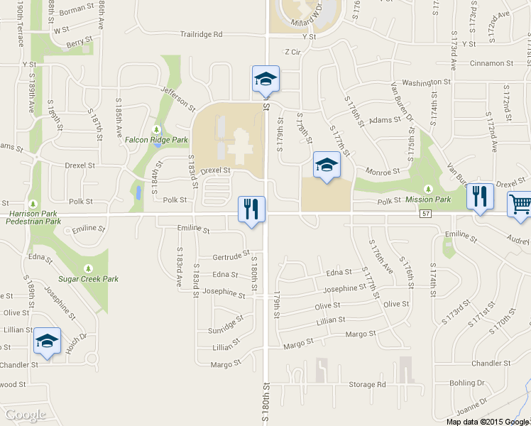 map of restaurants, bars, coffee shops, grocery stores, and more near 6898 South 180th Street in Omaha