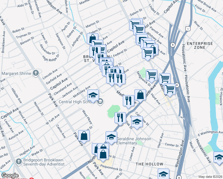 map of restaurants, bars, coffee shops, grocery stores, and more near 63 Morgan Avenue in Bridgeport
