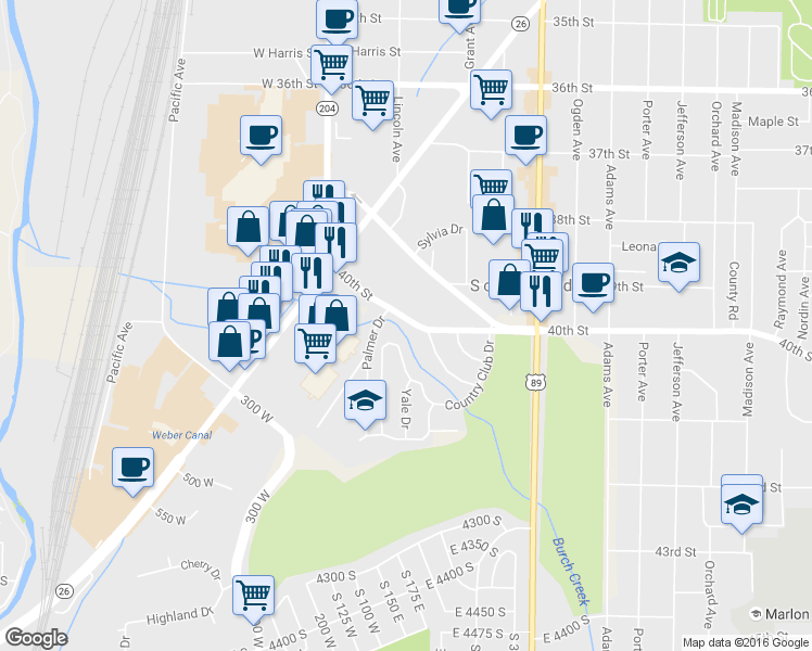 map of restaurants, bars, coffee shops, grocery stores, and more near East 40th Street South in Ogden