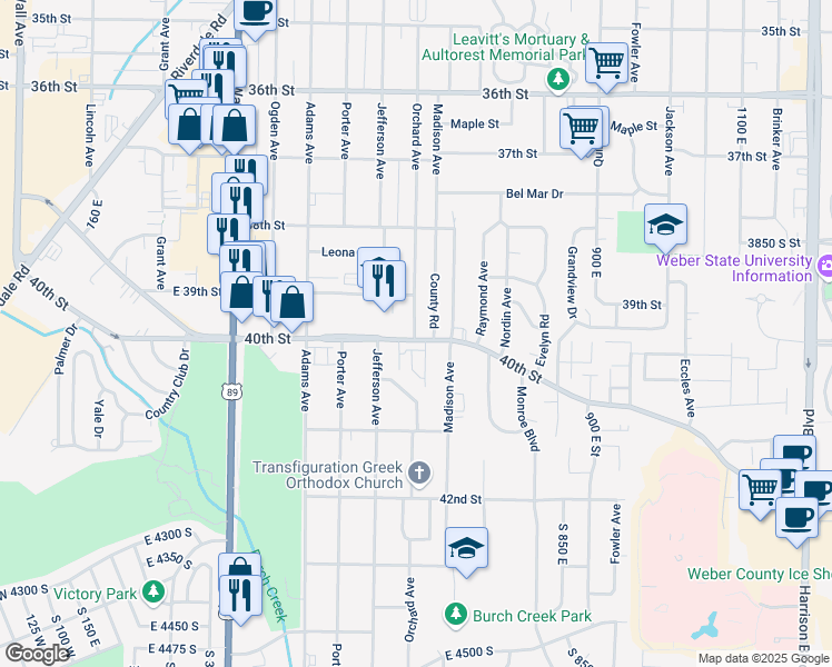 map of restaurants, bars, coffee shops, grocery stores, and more near 4028 South 635 East in South Ogden