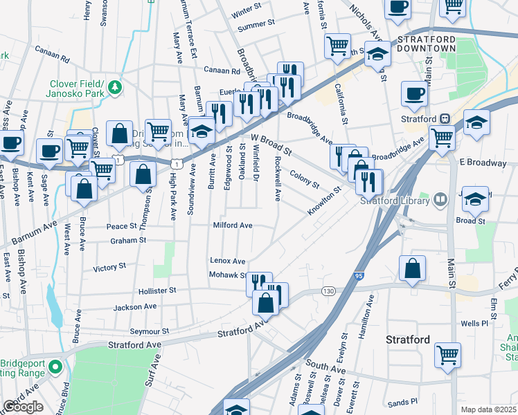 map of restaurants, bars, coffee shops, grocery stores, and more near 190 Milford Avenue in Stratford