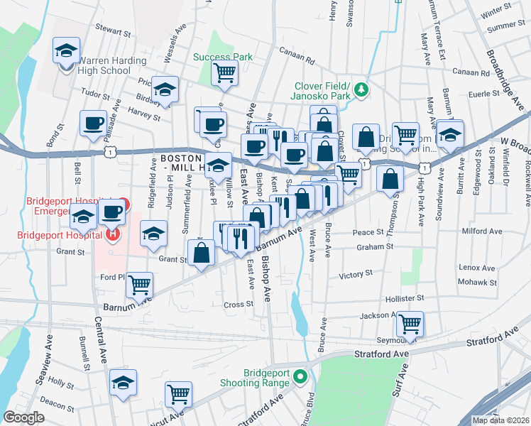 map of restaurants, bars, coffee shops, grocery stores, and more near 25 Kent Avenue in Bridgeport