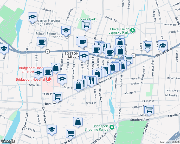 map of restaurants, bars, coffee shops, grocery stores, and more near 259 Willow Street in Bridgeport