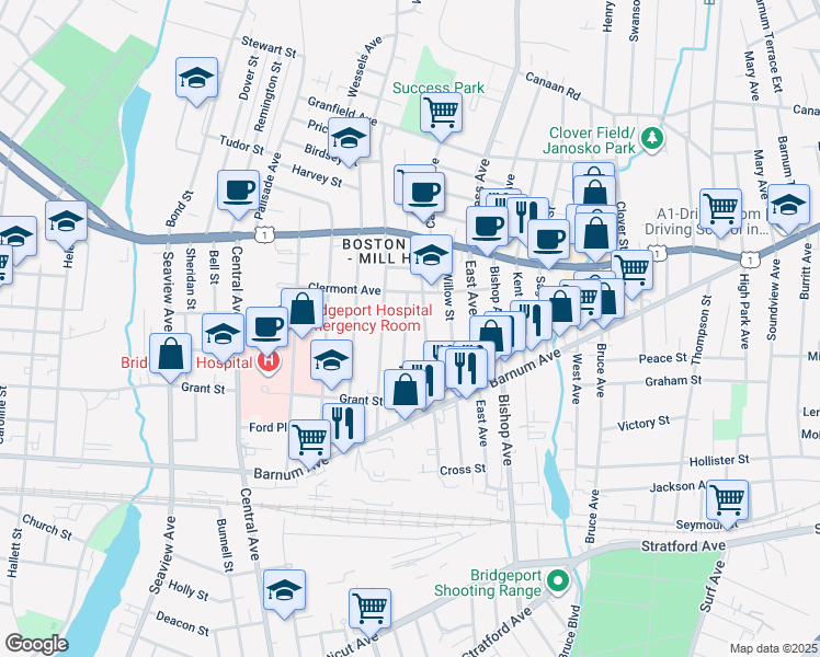 map of restaurants, bars, coffee shops, grocery stores, and more near 146 Prince Street in Bridgeport