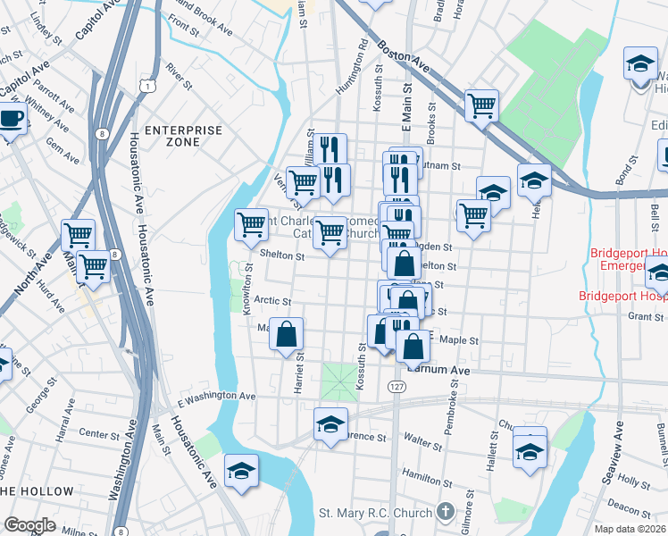 map of restaurants, bars, coffee shops, grocery stores, and more near 189 Park Street in Bridgeport