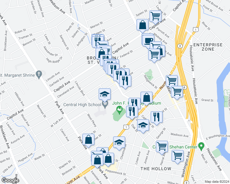 map of restaurants, bars, coffee shops, grocery stores, and more near 63 Morgan Avenue in Bridgeport