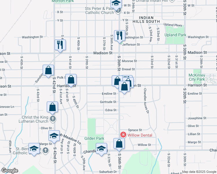 map of restaurants, bars, coffee shops, grocery stores, and more near 3616 Emiline Street in Bellevue