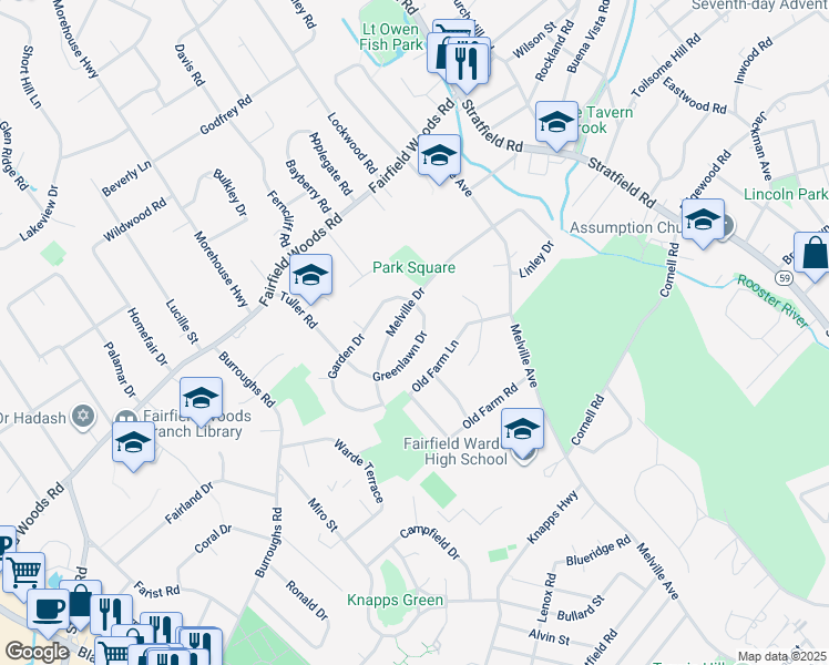 map of restaurants, bars, coffee shops, grocery stores, and more near 24 Greenlawn Drive in Fairfield
