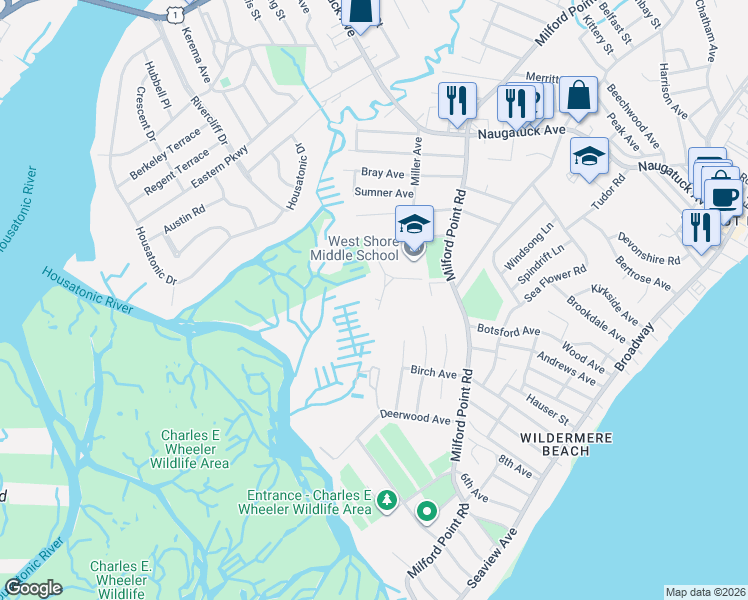 map of restaurants, bars, coffee shops, grocery stores, and more near 63 Nells Road in Milford