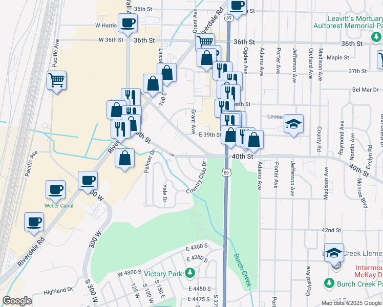 map of restaurants, bars, coffee shops, grocery stores, and more near 302 40th Street in Ogden