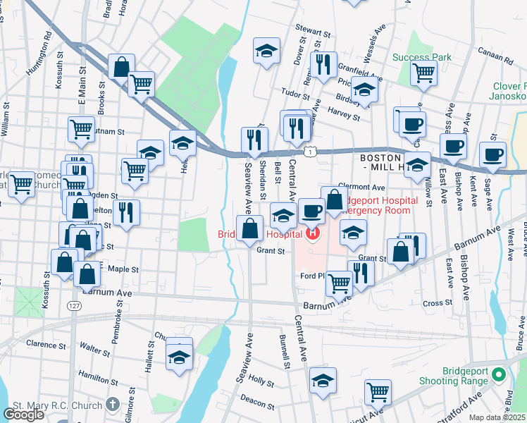 map of restaurants, bars, coffee shops, grocery stores, and more near 1972 Seaview Avenue in Bridgeport