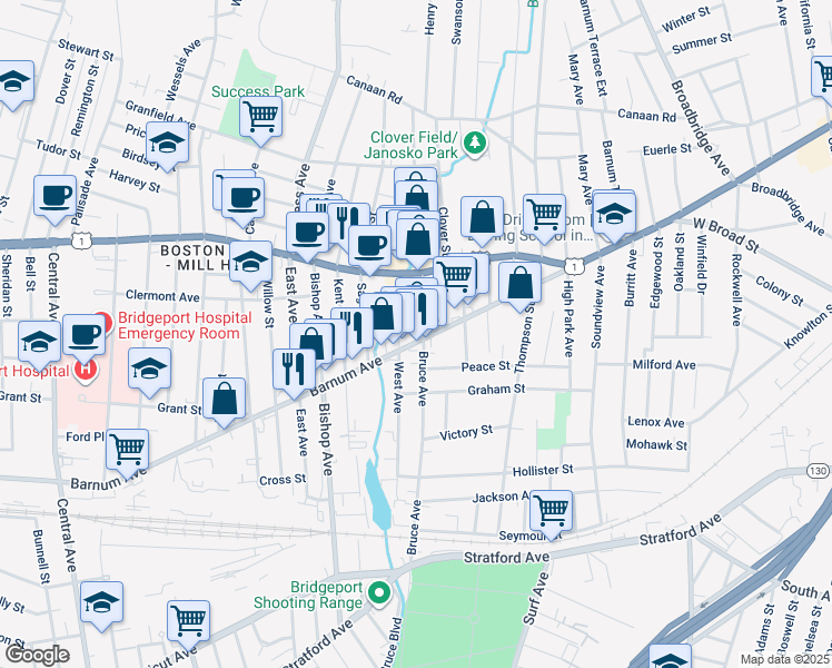 map of restaurants, bars, coffee shops, grocery stores, and more near 547 Bruce Avenue in Stratford