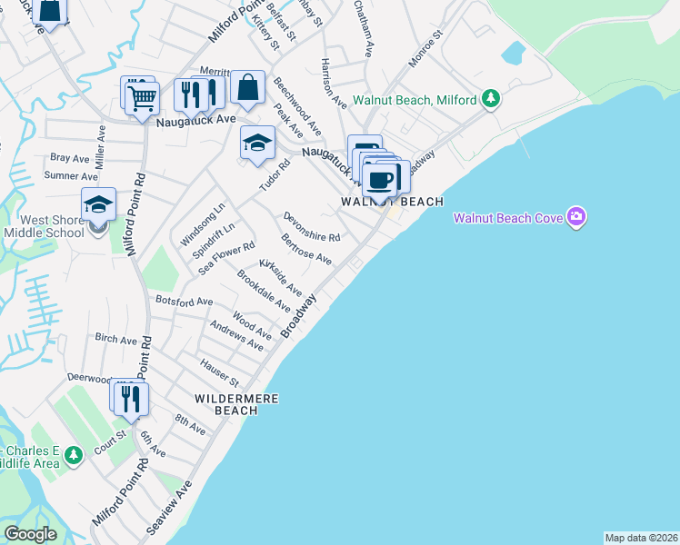 map of restaurants, bars, coffee shops, grocery stores, and more near 104 Broadway in Milford