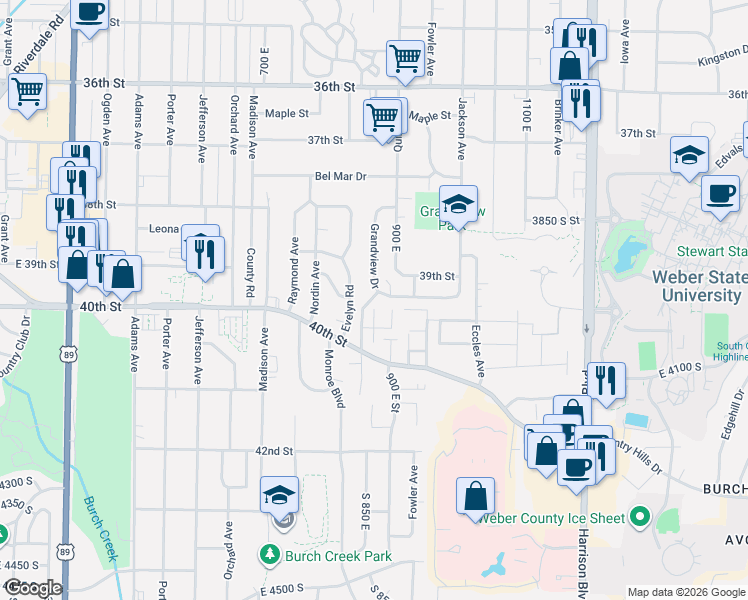 map of restaurants, bars, coffee shops, grocery stores, and more near 3885 Grandview Drive in Ogden