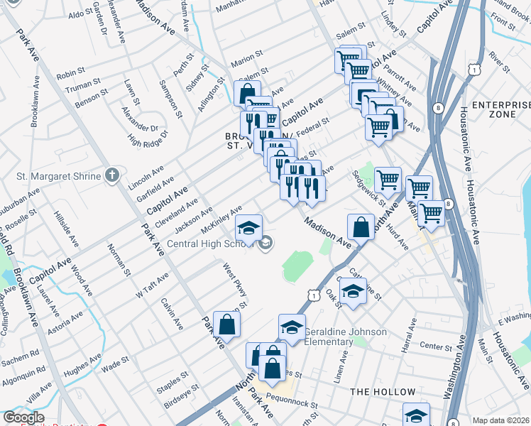 map of restaurants, bars, coffee shops, grocery stores, and more near 95 Taft Avenue in Bridgeport