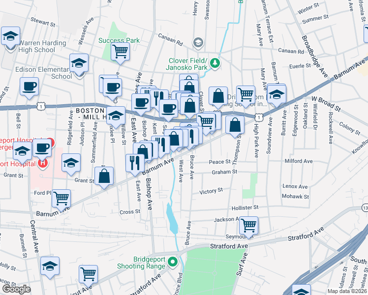 map of restaurants, bars, coffee shops, grocery stores, and more near 547 Bruce Avenue in Stratford