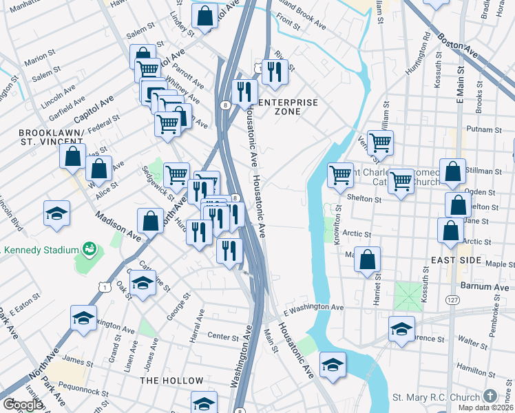 map of restaurants, bars, coffee shops, grocery stores, and more near 560 North Washington Avenue in Bridgeport