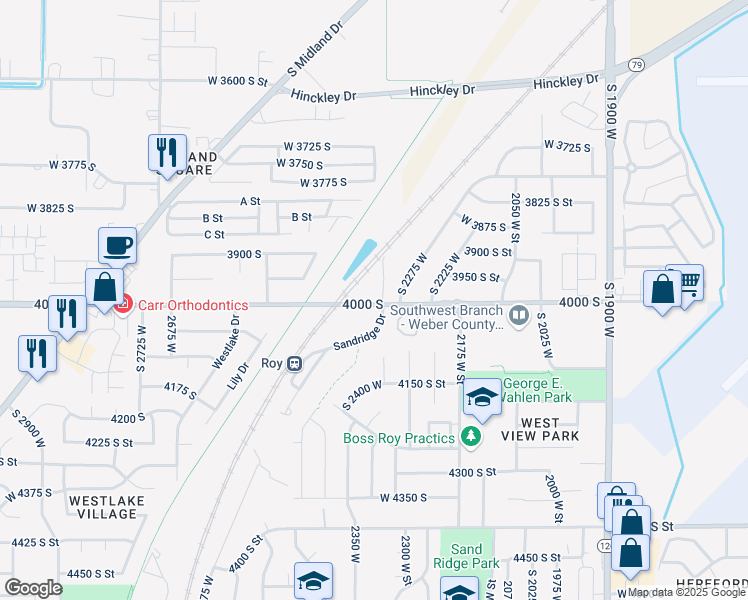 map of restaurants, bars, coffee shops, grocery stores, and more near 2350 West 4000 South in Roy