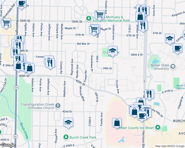 map of restaurants, bars, coffee shops, grocery stores, and more near 3871 Grandview Drive in Ogden
