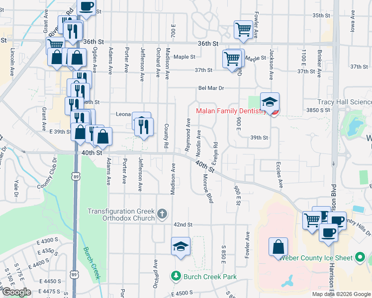 map of restaurants, bars, coffee shops, grocery stores, and more near 3940 Raymond Avenue in Ogden