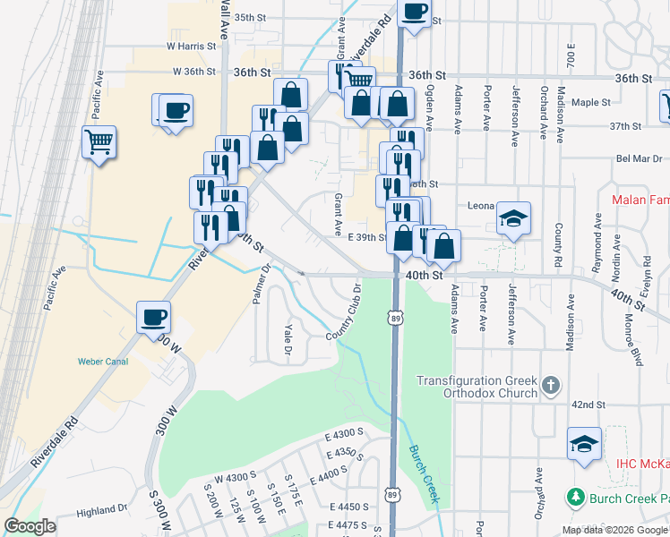 map of restaurants, bars, coffee shops, grocery stores, and more near 310 Chimes View Drive in Ogden