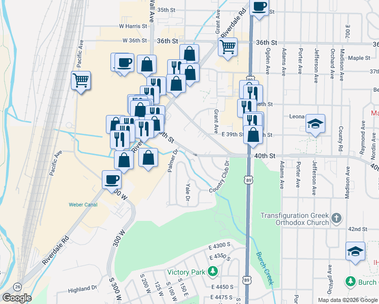 map of restaurants, bars, coffee shops, grocery stores, and more near 196 40th Street in Ogden