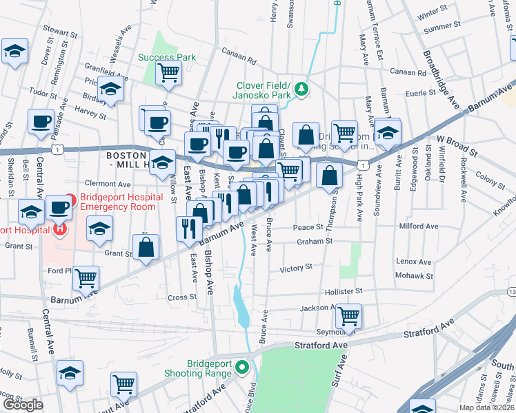 map of restaurants, bars, coffee shops, grocery stores, and more near 547 Bruce Avenue in Stratford