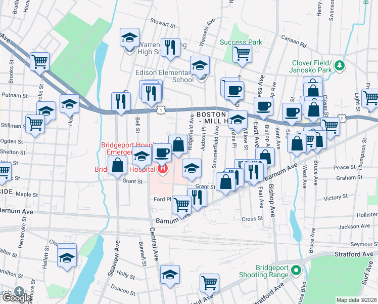 map of restaurants, bars, coffee shops, grocery stores, and more near 343 Ridgefield Avenue in Bridgeport