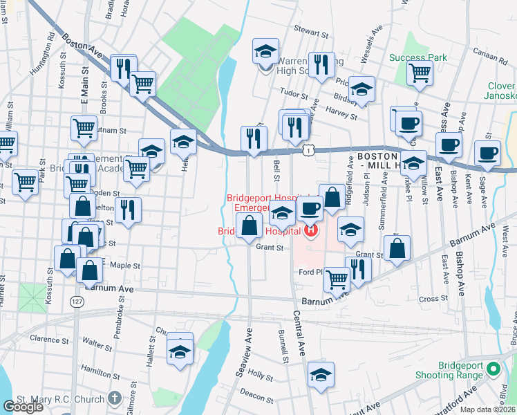 map of restaurants, bars, coffee shops, grocery stores, and more near 2084 Seaview Avenue in Bridgeport