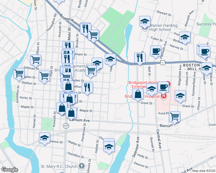 map of restaurants, bars, coffee shops, grocery stores, and more near 785 Ogden Street in Bridgeport