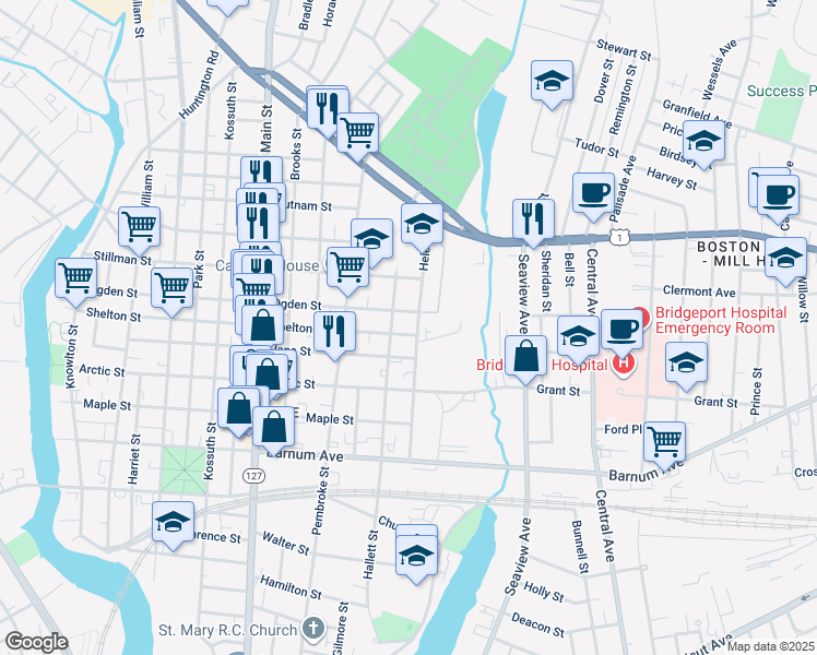 map of restaurants, bars, coffee shops, grocery stores, and more near 785 Ogden Street in Bridgeport