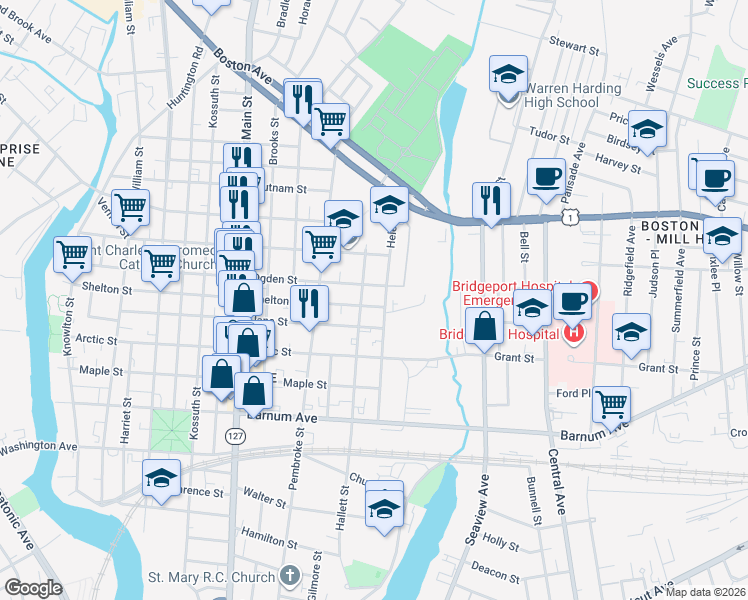 map of restaurants, bars, coffee shops, grocery stores, and more near 785 Ogden Street in Bridgeport