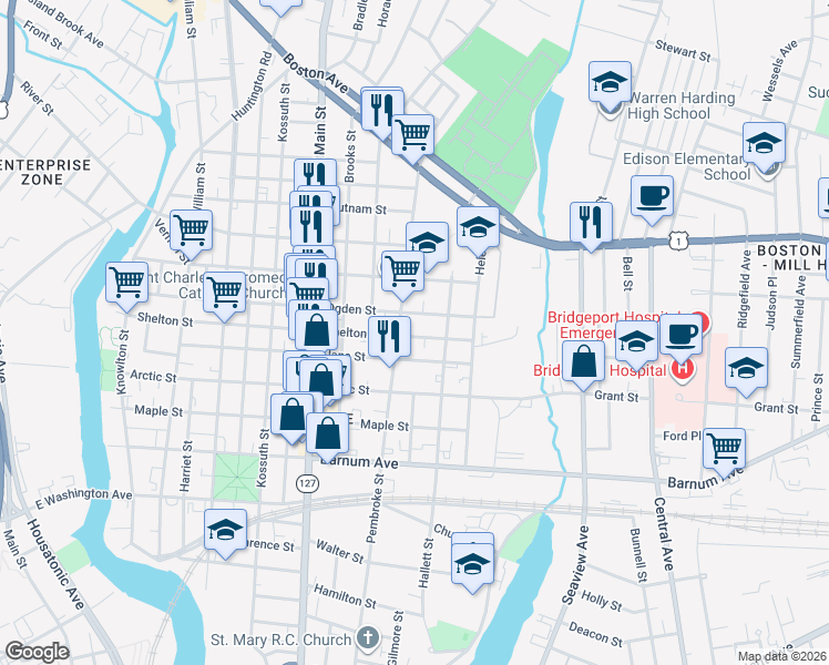map of restaurants, bars, coffee shops, grocery stores, and more near 713 Ogden Street in Bridgeport